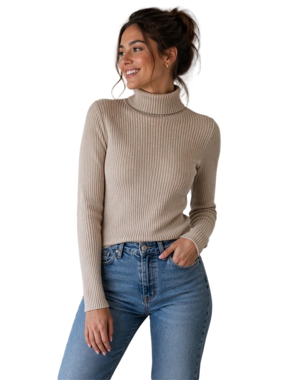 SHEIN Ribbed Turtleneck Sweater - Beige